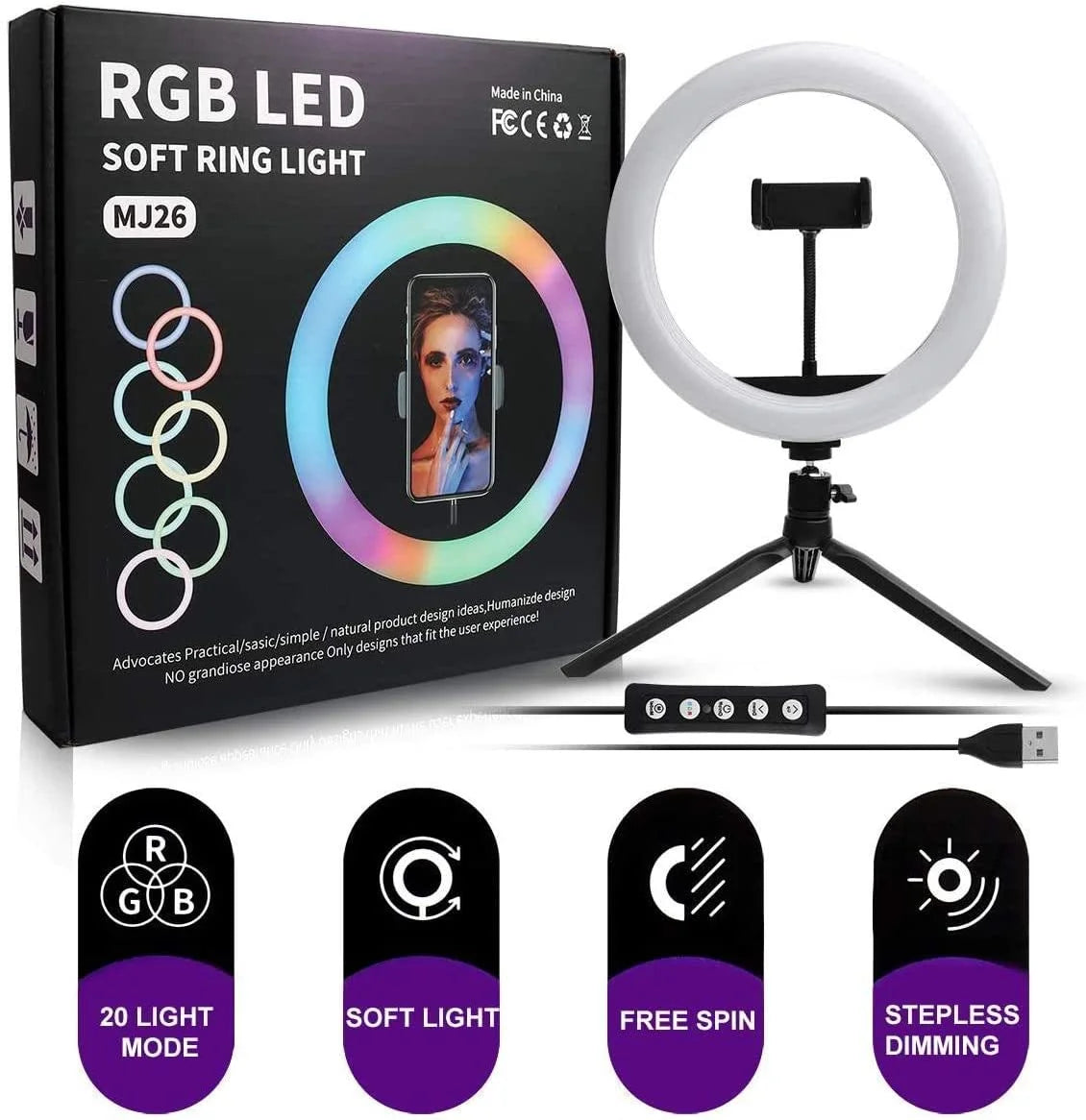 MJ36 RGB LED Ring Light 36cm with 16 Colors, Brightness Control & Phone Holder